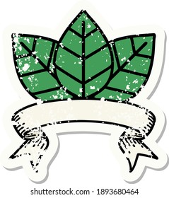 worn old sticker with banner of leaf