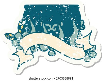 worn old sticker with banner of a lit cauldron
