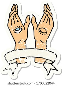 worn old sticker with banner of mystic hands