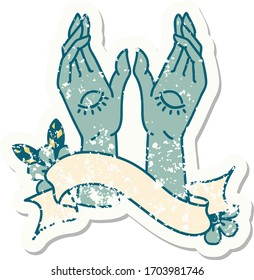 worn old sticker with banner of mystic hands