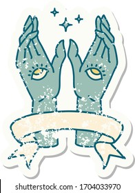 worn old sticker with banner of mystic hands