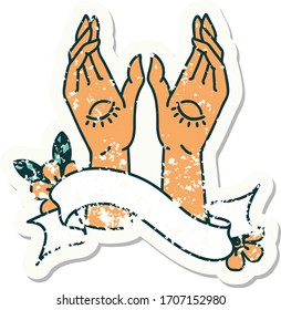 worn old sticker with banner of mystic hands