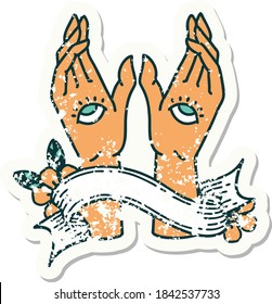 worn old sticker with banner of mystic hands