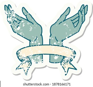 worn old sticker with banner of open hands
