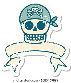 worn old sticker with banner of a pirate skull