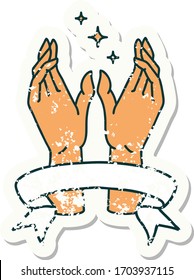 worn old sticker with banner of reaching hands