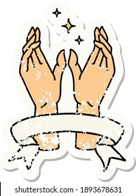 worn old sticker with banner of reaching hands