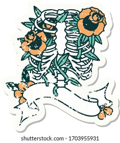 worn old sticker with banner of a rib cage and flowers