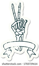 worn old sticker with banner of a skeleton giving a peace sign 