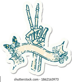 worn old sticker with banner of a skeleton giving a peace sign 