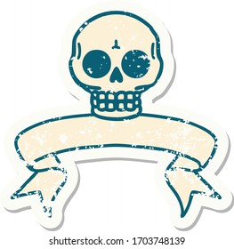worn old sticker with banner of a skull