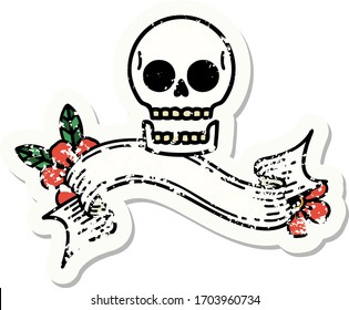 worn old sticker with banner of a skull