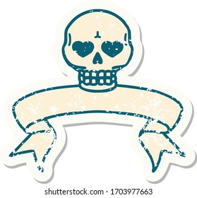 worn old sticker with banner of a skull