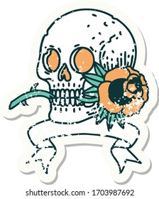 worn old sticker with banner of a skull and rose