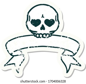 worn old sticker with banner of a skull