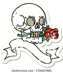 worn old sticker with banner of a skull and rose