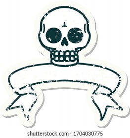 worn old sticker with banner of a skull