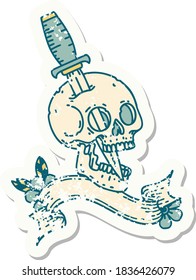 worn old sticker with banner of a skull