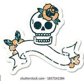 worn old sticker with banner of a skull and rose