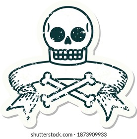 worn old sticker with banner of a skull