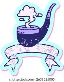 worn old sticker with banner of a smokers pipe in bright neon colors