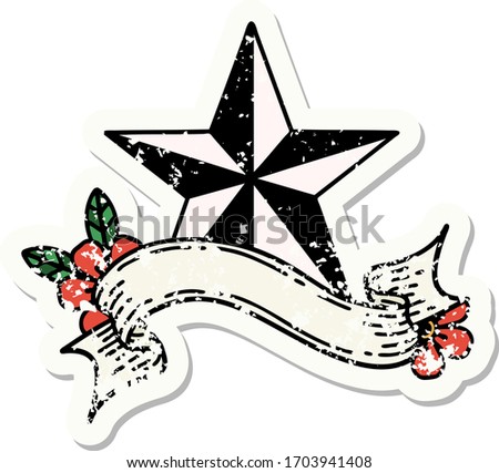 worn old sticker with banner of a star