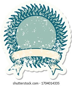 worn old sticker with banner of a sun