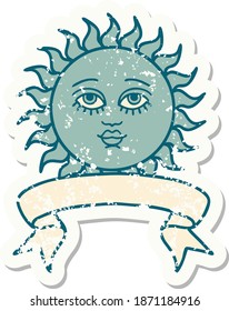 worn old sticker with banner of a sun with face
