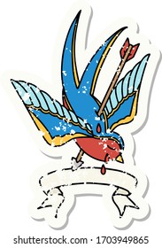 abgenutzter alter Aufkleber mit Banner, durchbohrt mit Pfeil