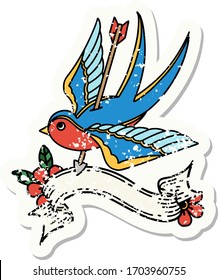 worn old sticker with banner of a swallow pierced by arrow