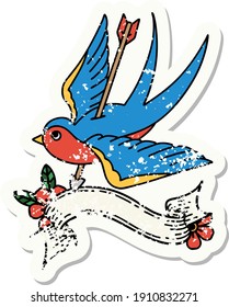worn old sticker with banner of a swallow