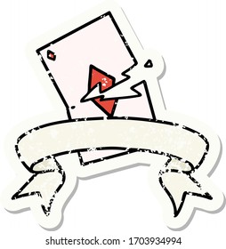 worn old sticker with banner of a torn card