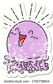 worn old sticker of a tattoo style happy jellyfish