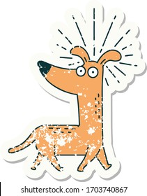 worn old sticker of a tattoo style surprised dog