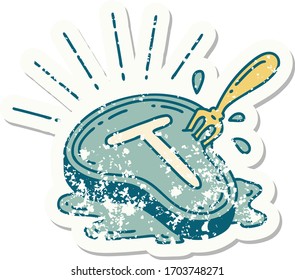 worn old sticker of a tattoo style steak and fork