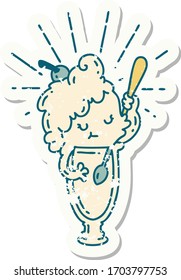 worn old sticker of a tattoo style ice cream character
