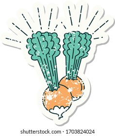 worn old sticker of a tattoo style beets with leaves