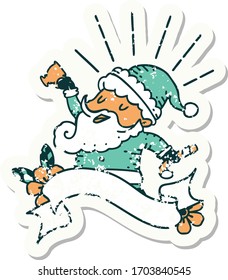 velho adesivo usado de um estilo de tatuagem santa claus personagem de Natal comemorando