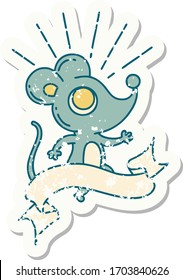 worn old sticker of a tattoo style mouse character