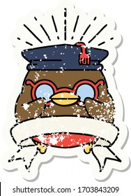 worn old sticker of a tattoo style educated robin