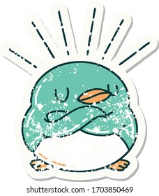 worn old sticker of a tattoo style robin with folded wings