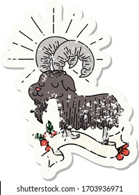 worn old sticker of a tattoo style happy goat