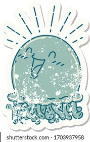 worn old sticker of a tattoo style happy jellyfish