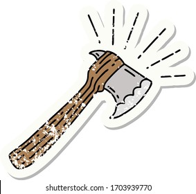 worn old sticker of a tattoo style hatchet axe