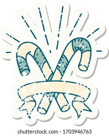 worn old sticker of a tattoo style candy canes