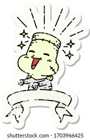 worn old sticker of a tattoo style happy halloween zombie monster