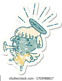 worn old sticker of a tattoo style angel blowing trumpet