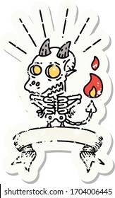 worn old sticker of a tattoo style skeleton demon character