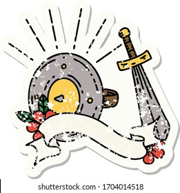 worn old sticker of a tattoo style shield and sword