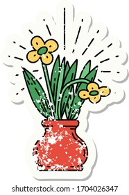 worn old sticker of a tattoo style flowers in vase